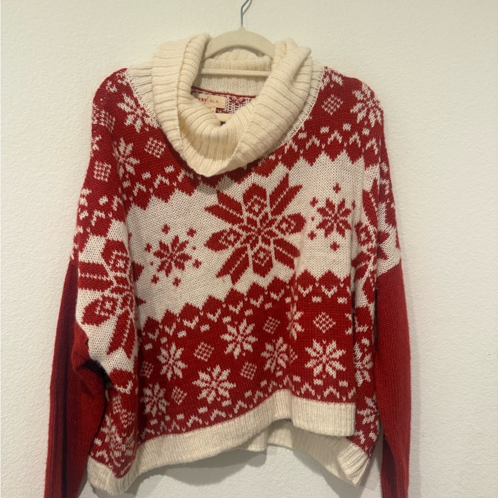 Lola Red and Cream Cowl Neck Snowflake Sweater